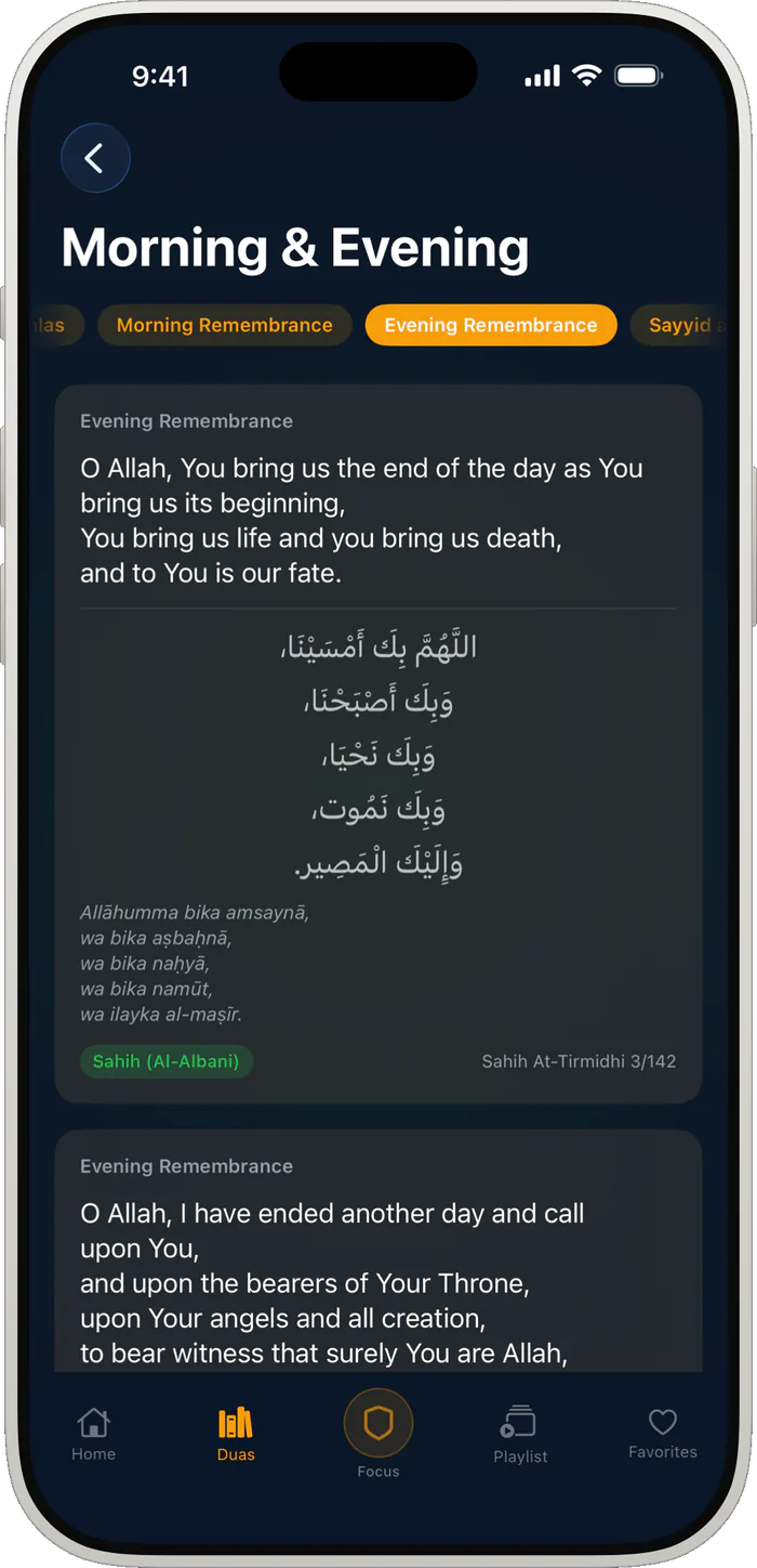 The Morning and Evening list, showing an evening remembrance with Arabic, transliteration, English and its source.